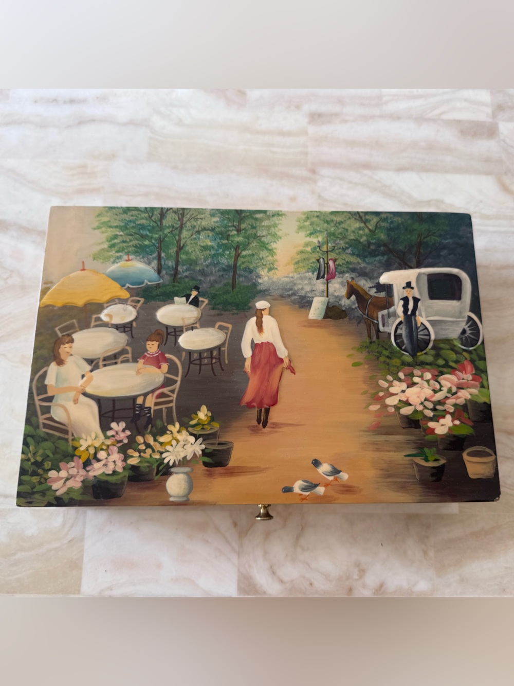 Hand-Painted Vintage Scene Decorative Box - Floral Courtyard